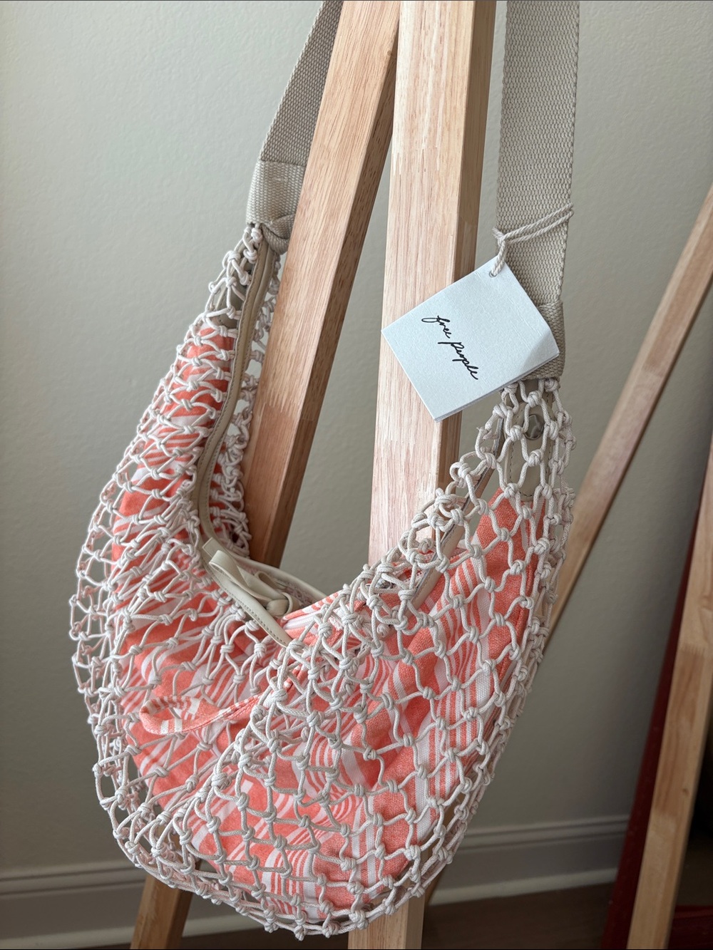 Free People Beige Crochet Shoulder Bag with Coral Liner